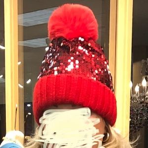 Red Sparkly Beanie with Faux Fur Pompom